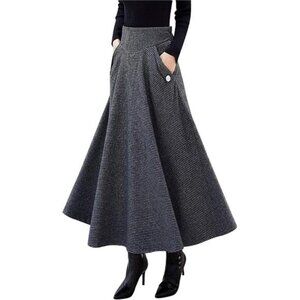 Women’s Fall Winter High Waist Plaid Slim A-line Long Skirt
